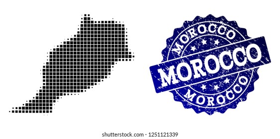 Geographic composition of dot map of Morocco and blue grunge seal watermark. Halftone vector map of Morocco created with rectangle pixels. Flat design for cartographic purposes.