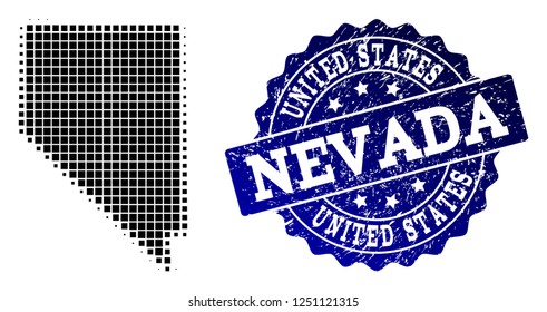 Geographic composition of dot map of Nevada State and blue grunge stamp imprint. Halftone vector map of Nevada State formed with square dots. Flat design for patriotic posters.