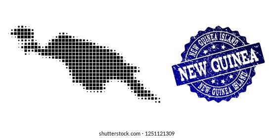 Geographic composition of dot map of New Guinea Island and blue grunge stamp watermark. Halftone vector map of New Guinea Island designed with square dots. Flat design for cartographic purposes.