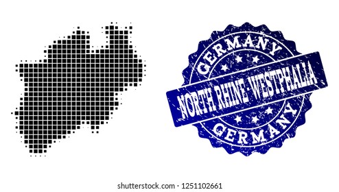 Geographic composition of dot map of North Rhine-Westphalia State and blue grunge seal watermark. Halftone vector map of North Rhine-Westphalia State designed with rectangular mosaic items.