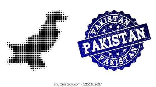 Geographic composition of dot map of Pakistan and blue grunge seal stamp watermark. Halftone vector map of Pakistan composed with rectangle elements. Flat design for political posters.