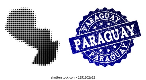Geographic composition of dot map of Paraguay and blue grunge seal imprint. Halftone vector map of Paraguay composed with rectangle dots. Flat design for patriotic posters.