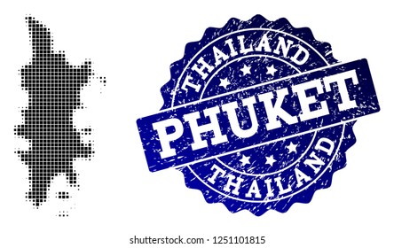 Geographic composition of dot map of Phuket and blue grunge seal stamp watermark. Halftone vector map of Phuket created with square elements. Flat design for cartographic posters.