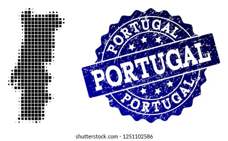 Geographic composition of dot map of Portugal and blue grunge stamp imprint. Halftone vector map of Portugal composed with square elements. Flat design for political purposes.