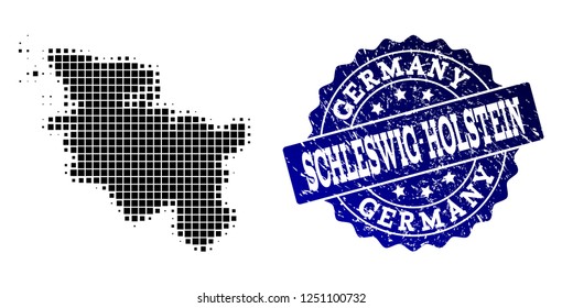 Geographic composition of dot map of Schleswig-Holstein State and blue grunge stamp watermark. Halftone vector map of Schleswig-Holstein State created with rectangle mosaic items.