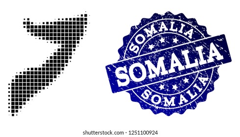 Geographic composition of dot map of Somalia and blue grunge seal watermark. Halftone vector map of Somalia created with rectangle points. Flat design for cartographic purposes.