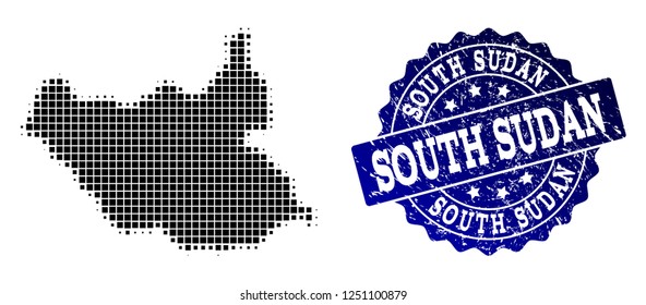 Geographic composition of dot map of South Sudan and blue grunge seal stamp watermark. Halftone vector map of South Sudan composed with square mosaic items. Flat design for cartographic illustrations.