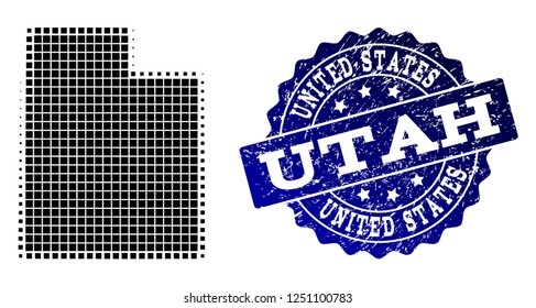 Geographic composition of dot map of Utah State and blue grunge seal imprint. Halftone vector map of Utah State composed with square elements. Flat design for cartographic purposes.