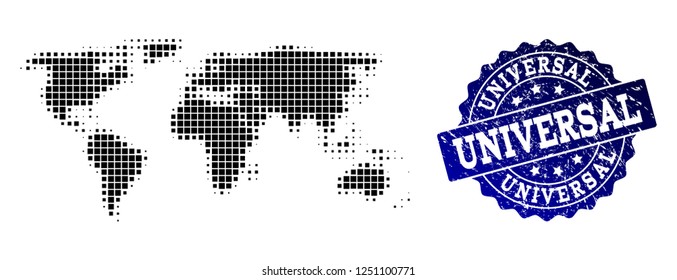 Geographic composition of dot map of world and blue grunge seal watermark. Halftone vector map of world formed with rectangular dots. Flat design for infographic posters.