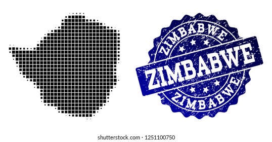 Geographic composition of dot map of Zimbabwe and blue grunge stamp imprint. Halftone vector map of Zimbabwe formed with rectangle elements. Flat design for infographic posters.