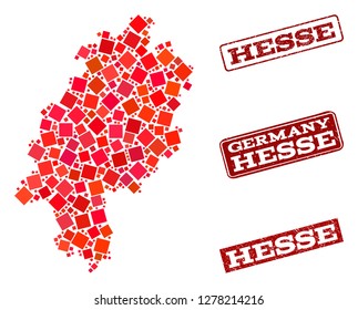 Geographic composition of dot mosaic map of Hesse State and red rectangle grunge seal stamp watermarks. Vector map of Hesse State composed with red square mosaic items.