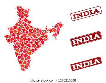 Geographic composition of dot mosaic map of India and red rectangle grunge seal stamp imprints. Vector map of India designed with red square mosaic items. Flat design for geographic illustrations.
