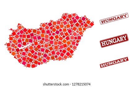 Geographic composition of dot mosaic map of Hungary and red rectangle grunge stamp watermarks. Vector map of Hungary designed with red square mosaic items. Flat design for geographic posters.