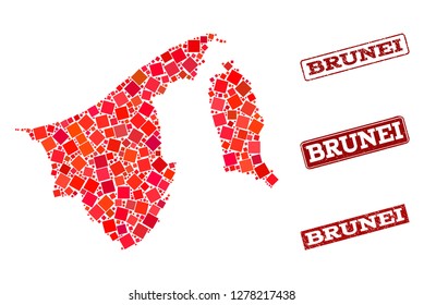 Geographic composition of dot mosaic map of Brunei and red rectangle grunge seal imprints. Vector map of Brunei created with red square mosaic items. Flat design for geographic purposes.