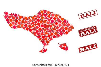 Geographic composition of dot mosaic map of Bali Island and red rectangle grunge seal watermarks. Vector map of Bali Island designed with red square mosaic items.