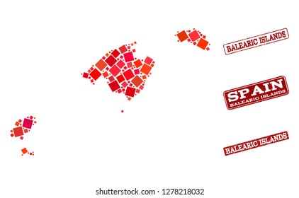 Geographic composition of dot mosaic map of Balearic Islands and red rectangle grunge seal imprints. Vector map of Balearic Islands composed with red square mosaic items.