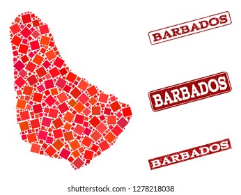 Geographic composition of dot mosaic map of Barbados and red rectangle grunge stamp watermarks. Vector map of Barbados composed with red square dots. Flat design for geographic purposes.