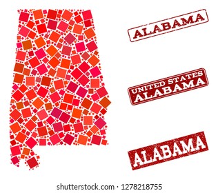 Geographic composition of dot mosaic map of Alabama State and red rectangle grunge seal imprints. Vector map of Alabama State formed with red square points. Flat design for geographic illustrations.
