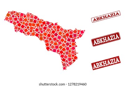Geographic composition of dot mosaic map of Abkhazia and red rectangle grunge stamp watermarks. Vector map of Abkhazia composed with red square mosaic items. Flat design for geographic purposes.