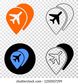 Geographic composition of dotted airport map markers and grunge seal. Mosaic vector airport map markers created with square dots and gradient from blue to red color.