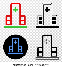 Geographic composition of dotted clinic building and grunge seal stamp. Mosaic vector clinic building designed with square dots and gradient from blue to red color. Flat design for patriotic posters.