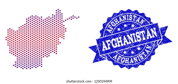 Geographic composition of dotted map of Afghanistan and grunge stamp. Mosaic vector map of Afghanistan created with square dots and gradient from blue to red color. Flat design for patriotic posters.