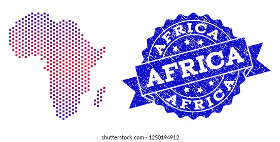 Geographic composition of dotted map of Africa and grunge seal. Mosaic vector map of Africa created with square dots and gradient from blue to red color. Flat design for political purposes.