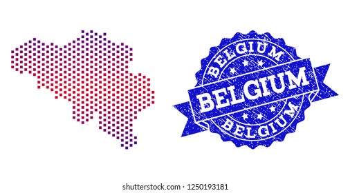 Geographic composition of dotted map of Belgium and grunge seal stamp. Mosaic vector map of Belgium designed with square dots and gradient from blue to red color. Flat design for patriotic posters.
