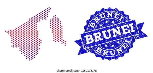 Geographic composition of dotted map of Brunei and grunge seal stamp. Mosaic vector map of Brunei created with square dots and gradient from blue to red color. Flat design for patriotic illustrations.