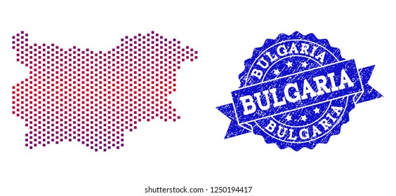 Geographic composition of dotted map of Bulgaria and grunge seal stamp. Mosaic vector map of Bulgaria formed with square dots and gradient from blue to red color. Flat design for patriotic purposes.