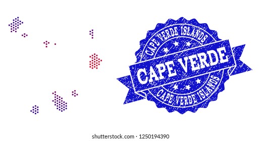 Geographic composition of dotted map of Cape Verde Islands and grunge seal stamp. Mosaic vector map of Cape Verde Islands designed with square dots and gradient from blue to red color.
