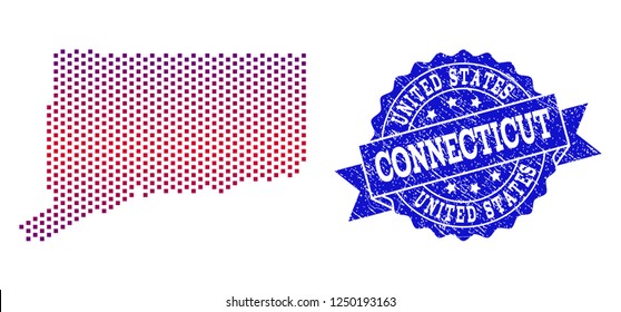 Geographic composition of dotted map of Connecticut State and grunge seal stamp. Mosaic vector map of Connecticut State designed with square dots and gradient from blue to red color.