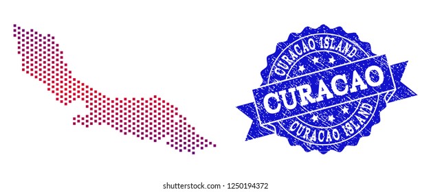 Geographic composition of dotted map of Curacao Island and grunge stamp. Mosaic vector map of Curacao Island composed with square dots and gradient from blue to red color.