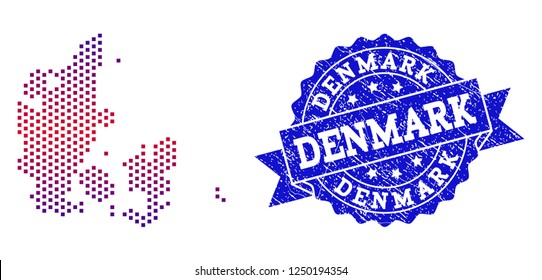Geographic composition of dotted map of Denmark and grunge seal. Mosaic vector map of Denmark created with square dots and gradient from blue to red color. Flat design for patriotic posters.