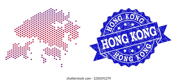 Geographic composition of dotted map of Hong Kong and grunge seal stamp. Mosaic vector map of Hong Kong created with square dots and gradient from blue to red color.