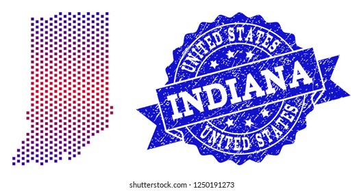 Geographic composition of dotted map of Indiana State and grunge seal. Mosaic vector map of Indiana State composed with square dots and gradient from blue to red color.