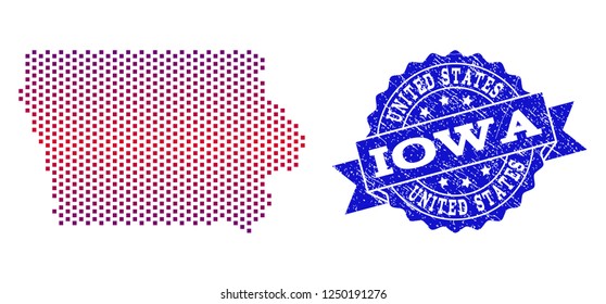 Geographic composition of dotted map of Iowa State and grunge seal stamp. Mosaic vector map of Iowa State created with square dots and gradient from blue to red color.