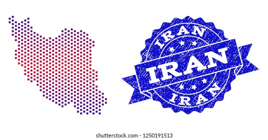Geographic composition of dotted map of Iran and grunge seal stamp. Mosaic vector map of Iran created with square dots and gradient from blue to red color. Flat design for political illustrations.