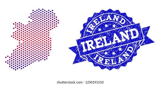 Geographic composition of dotted map of Ireland Island and grunge seal stamp. Mosaic vector map of Ireland Island composed with square dots and gradient from blue to red color.