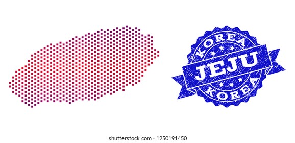 Geographic composition of dotted map of Korean Jeju Island and grunge seal stamp. Mosaic vector map of Korean Jeju Island designed with square dots and gradient from blue to red color.