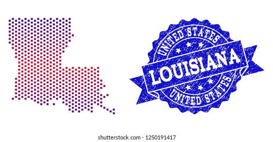 Geographic composition of dotted map of Louisiana State and grunge stamp. Mosaic vector map of Louisiana State formed with square dots and gradient from blue to red color.