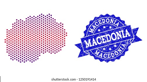 Geographic composition of dotted map of Macedonia and grunge stamp. Mosaic vector map of Macedonia created with square dots and gradient from blue to red color. Flat design for political purposes.
