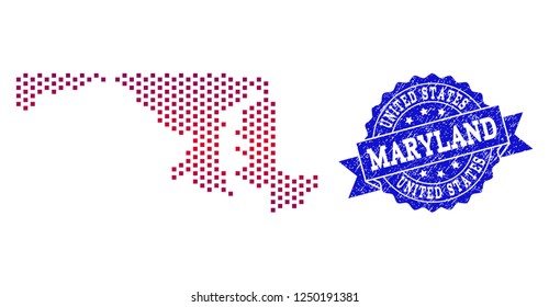 Geographic composition of dotted map of Maryland State and grunge seal stamp. Mosaic vector map of Maryland State composed with square dots and gradient from blue to red color.
