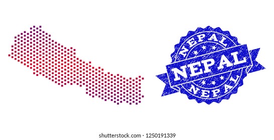 Geographic composition of dotted map of Nepal and grunge stamp. Mosaic vector map of Nepal formed with square dots and gradient from blue to red color. Flat design for patriotic illustrations.