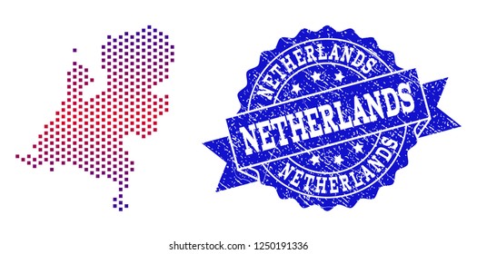 Geographic composition of dotted map of Netherlands and grunge seal stamp. Mosaic vector map of Netherlands composed with square dots and gradient from blue to red color.