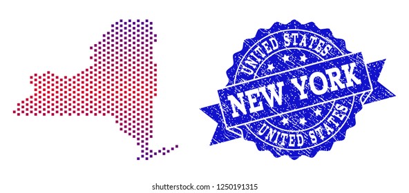 Geographic composition of dotted map of New York State and grunge seal stamp. Mosaic vector map of New York State created with square dots and gradient from blue to red color.