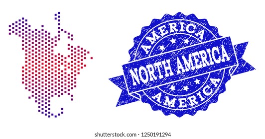 Geographic composition of dotted map of North America and grunge seal stamp. Mosaic vector map of North America created with square dots and gradient from blue to red color.