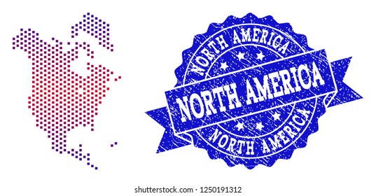 Geographic composition of dotted map of North America and grunge seal. Mosaic vector map of North America composed with square dots and gradient from blue to red color.