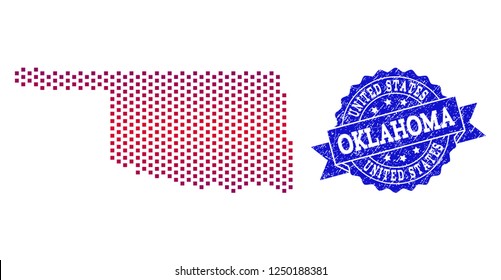 Geographic composition of dotted map of Oklahoma State and grunge seal. Mosaic vector map of Oklahoma State designed with square dots and gradient from blue to red color.