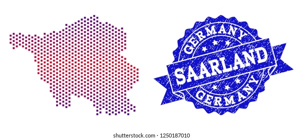Geographic composition of dotted map of Saarland State and grunge stamp. Mosaic vector map of Saarland State composed with square dots and gradient from blue to red color.